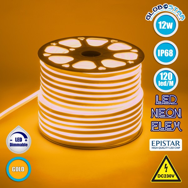 GLOBOSTAR® NEOVALE 70576 Ταινία Neon Flex LED 12W/m 720lm/m 120° DC 220-240V Αδιάβροχο IP65 120 x SMD2835 Chip/m Ultra Θερμό Λευκό 2200K Dimmable - Sanan SMD Chip - Μ100 x Π0.8 x Υ1.6cm - 3 Χρόνια Εγγύηση
