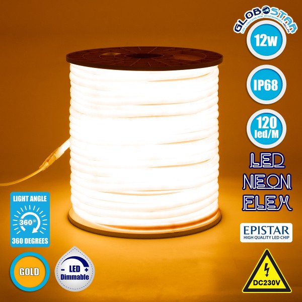 GLOBOSTAR® NEOTUBE 70596 Ταινία Neon Flex LED 12W/m 720lm/m 360° DC 220-240V Αδιάβροχο IP65 120 x SMD2835 Chip/m Ultra Θερμό Λευκό 2200K Dimmable - Sanan SMD Chip - Μ100 x Π1.3 x Υ1.3cm - 3 Χρόνια Εγγύηση