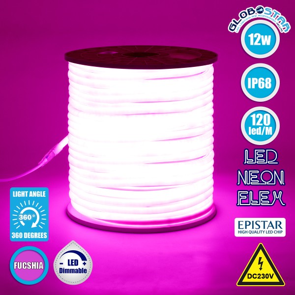 GLOBOSTAR® NEOTUBE 70597 Ταινία Neon Flex LED 12W/m 600lm/m 360° DC 220-240V Αδιάβροχο IP65 120 x SMD2835 Chip/m Ροζ Dimmable - Sanan SMD Chip - Μ100 x Π1.3 x Υ1.3cm - 3 Χρόνια Εγγύηση