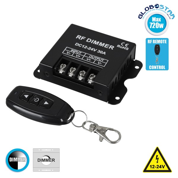 GLOBOSTAR® DIMMERME 73310 Dimmer με RF Ασύρματο Χειριστήριο με 1 x 30A 720W Κανάλι DC 12-24V 30A 720W Max IP20 - RF2.4Ghz - Μ8.7 x Π6.2 x Υ2cm - 2 Χρόνια Εγγύηση
