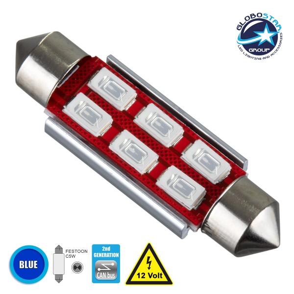 GloboStar® 81323 Λάμπα Αυτοκίνητου 42mm FESTOON - C5W 2nd Generation Can-Bus Series LED 6 SMD 5630 4W 480lm 120° DC 12V IP20 Μπλε