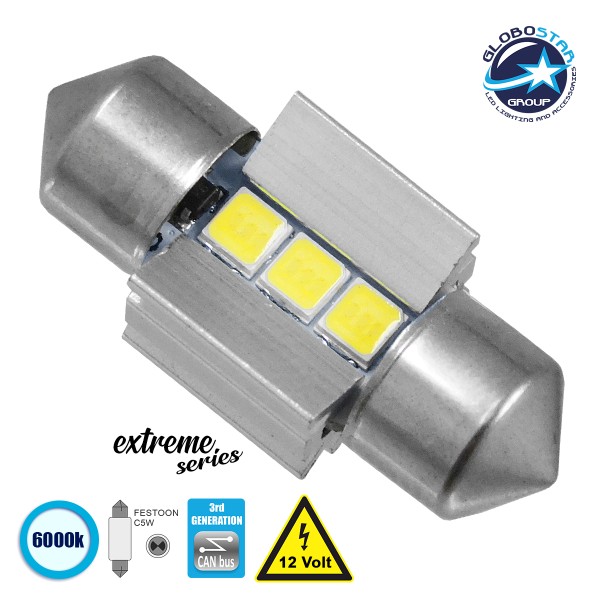 GloboStar® 81336 Λάμπα Αυτοκινήτου 28mm FESTOON - C5W 3rd Generation Can-Bus Extreme Series LED 3 SMD 3030 3W 450lm 120° DC 12V IP20 Ψυχρό Λευκό 6000K
