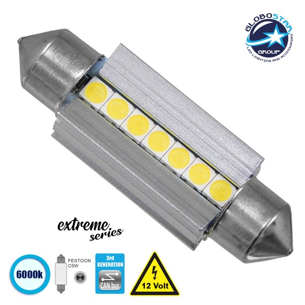 GloboStar® 81339 Λάμπα Αυτοκινήτου 39mm FESTOON - C5W 3rd Generation Can-Bus Extreme Series LED 7 SMD 3030 7W 1050lm 120° DC 12V IP20 Ψυχρό Λευκό 6000K