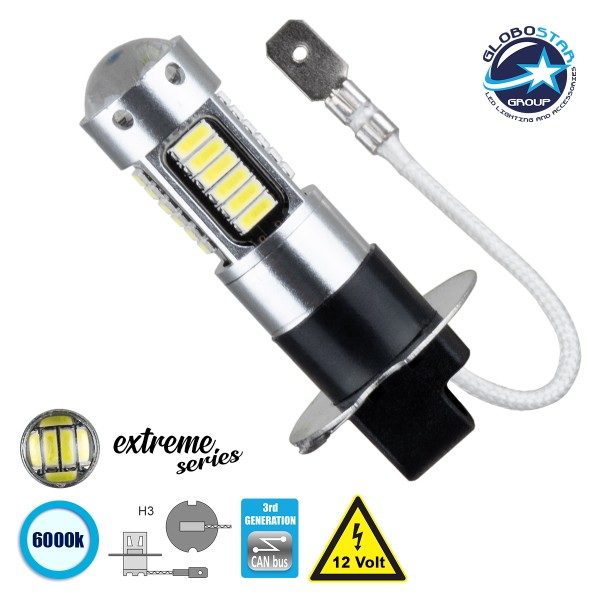 GLOBOSTAR® H3 81412 Λάμπα H3 CANbus LED 2.8W 300lm 360° DC 12V IP20 Ψυχρό Λευκό 6000K - 30 x Epistar SMD4014 Chip - Μ2.2 x Π2.1 x Υ4.6cm - 1 Χρόνο Εγγύηση
