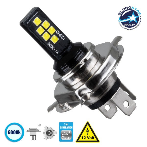 GLOBOSTAR® H4 81446 Λάμπα H4 CANbus LED 4W 440lm 360° DC 12V IP20 Ψυχρό Λευκό 6000K - 12 x Epistar SMD3030 Chip - Μ4.7 x Π4.7 x Υ6.6cm - 1 Χρόνο Εγγύηση