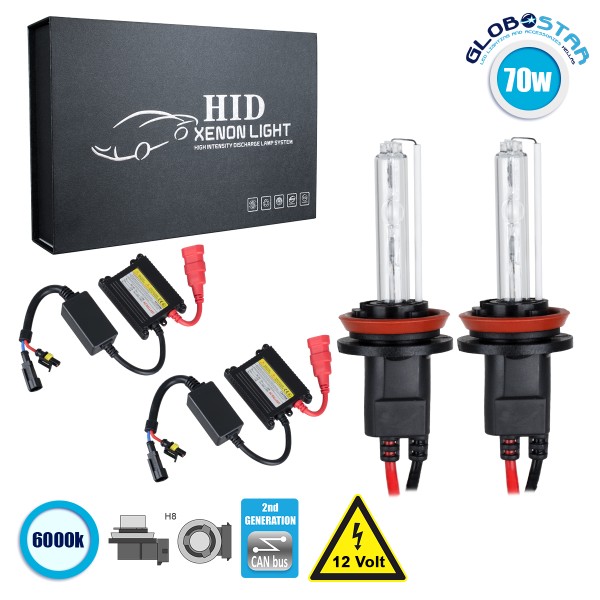 GloboStar® 84104 H8 CB Line KIT Βασικού Φωτισμού Αυτοκινήτου & Μοτοσυκλέτας 2nd Generation Can-Bus Series XENON 70W 6400lm DC 9-16V Αδιάβροχο IP65 Ψυχρό Λευκό 6000K