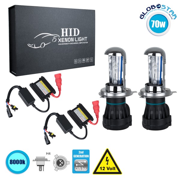 GloboStar® 84113 H4 CB Line KIT Βασικού Φωτισμού Αυτοκινήτου & Μοτοσυκλέτας 2nd Generation Can-Bus Series Bi-XENON 70W 6400lm DC 9-16V Αδιάβροχο IP65 Ψυχρό Λευκό 8000K