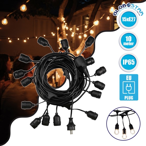 GLOBOSTAR® GARLAND 78983 Καλωδιογιρλάντα 10m με Ντουί 15 x E27 & Πρίζα Schuko AC 220-240V IP65 - Μαύρο - Μ1500 x Π59 x Υ16cm