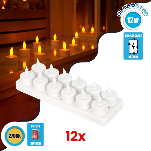 GLOBOSTAR® FIREFLAME 79565 Διακοσμητικά Κεράκια Ρεσώ με Εφέ Κινούμενης Φλόγας & Βάση Φόρτισης LED 0.2W 5lm 180° DC 1.2V με 12x Επαναφορτιζόμενες Μπαταρίες Ni-MH IP20 Θερμό Λευκό 2700K - Λευκό - Μ3.9 x Π3.9 x Υ4.9cm - Πακέτο 12 Τεμαχίων - 2 Χρόνια Εγγύηση