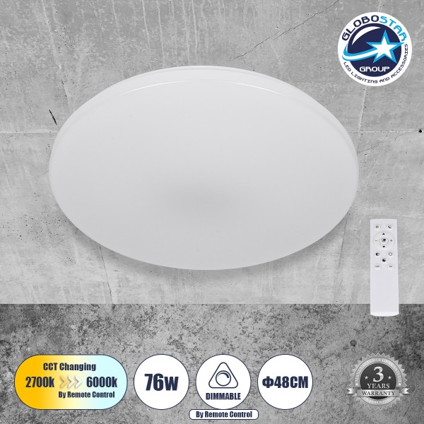 GLOBOSTAR® AVA 61017 Μοντέρνο Φωτιστικό Οροφής LED 76W 7600lm 120° AC 220-240V IP20 Ρυθμιζόμενο Λευκό CCT με Χειριστήριο από 2700K έως 6000K Dimmable - Lumileds SMD Chip - Λευκό Ματ - Μ48 x Π48 x Υ6.5cm - 3 Χρόνια Εγγύηση