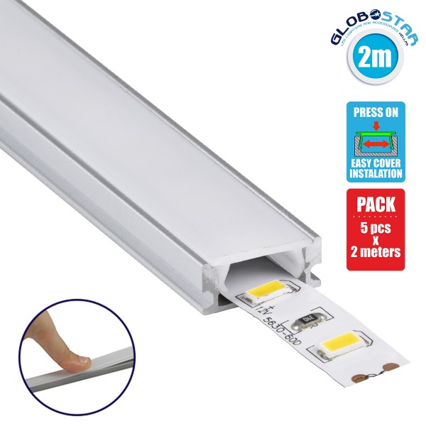 GloboStar® SURFACE-PROFILE 70805-2M Προφίλ Αλουμινίου - Βάση & Ψύκτρα Ταινίας LED με Λευκό Γαλακτερό Κάλυμμα - Επιφανειακή Χρήση - Πατητό Κάλυμμα - Ασημί - 2 Μέτρα - Πακέτο 5 Τεμαχίων - Μ200 x Π1.6 x Υ0.7cm