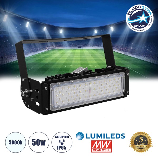 GLOBOSTAR® GOLIATH 90100-1 Προβολέας για Γήπεδα Tennis & Ποδοσφαίρου 5x5 LED 50W 7500lm 75°x135° SDCM<5 Fish Eye Lens AC 220-240V Αδιάβροχο IP65 IK08 Φυσικό Λευκό 5000K - Lumileds SMD Chip & Mean Well Driver - Μαύρο Ματ - Μ32 x Π12 x Υ9cm - 5 Χρόνια Εγγύη