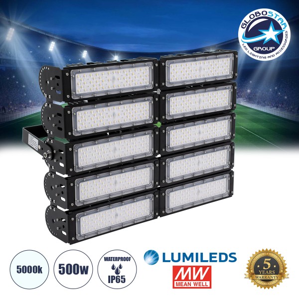 GLOBOSTAR® GOLIATH 90104 Προβολέας Γηπέδου LED 500W 75000lm SDCM<5 75°*135° Fish Eye Lens AC 100-277V Αδιάβροχο IP65 IK08 Φυσικό Λευκό 5000K - LUMILEDs SMD Chip & MEANWELL Driver - Μαύρο Χυτό Αλουμίνιο - Μ62 x Π22 x Υ45cm - 5 Χρόνια Εγγύηση