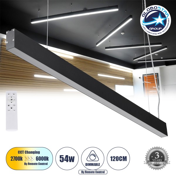 GLOBOSTAR® FELIX 61028-P Μοντέρνο Γραμμικό Κρεμαστό Φωτιστικό Οροφής LED 54W 5400lm 120° AC 220-240V IP20 Ρυθμιζόμενο Λευκό CCT με Χειριστήριο από 2700K έως 6000K Dimmable - Lumileds SMD Chip - Μαύρο Ματ - Μ120 x Π3.5 x Υ7cm - 3 Χρόνια Εγγύηση