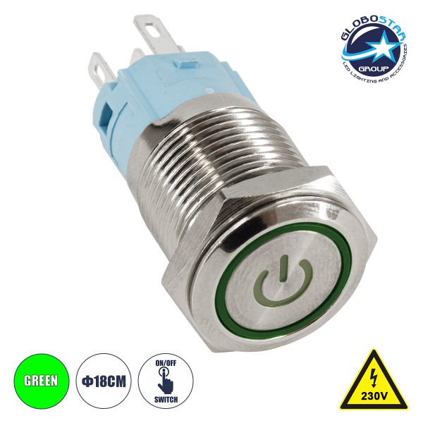 GLOBOSTAR® BUTTON 70772 Φωτιζόμενος Χωνευτός Διακόπτης On/Off LED AC 220-240V 1 x 3A 690W Max Αδιάβροχο IP65 Πράσινο - Μ1.8 x Π1.8 x Υ2cm - 2 Χρόνια Εγγύηση