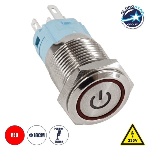 GLOBOSTAR® BUTTON 70776 Φωτιζόμενος Χωνευτός Διακόπτης Push On LED AC 220-240V 1 x 3A 690W Αδιάβροχο IP65 Κόκκινο - Μ1.8 x Π1.8 x Υ2cm - 2 Χρόνια Εγγύηση