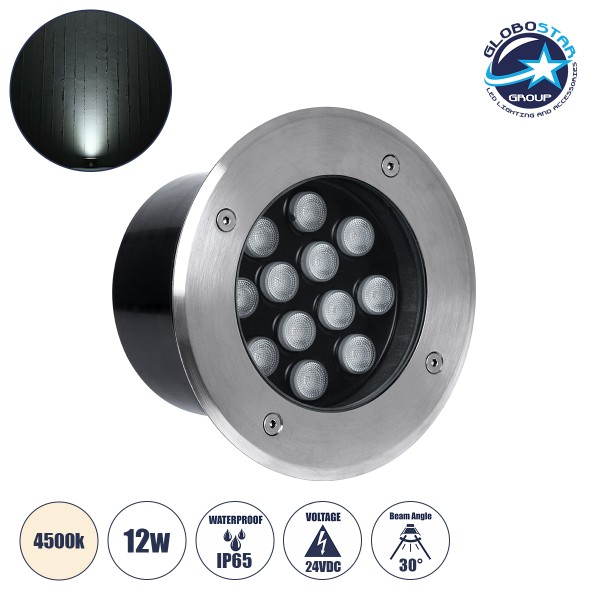 GLOBOSTAR® UNDERGROUNDTINA 90668 Χωνευτό Αρχιτεκτονικο Φωτιστικό Σποτ Δαπέδου LED 12W 1380lm 30° DC 24V Αδιάβροχο IP65 Φυσικό Λευκό 4500K Dimmable - Bridgelux SMD Chip - Ανοξείδωτο Ατσάλι SS304 - Μ16 x Π16 x Υ9cm / Q14cm - 3 Χρόνια Εγγύηση