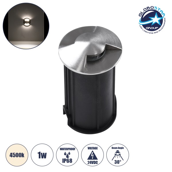 GLOBOSTAR® UNDERGROUNDRENA 90663 Φωτιστικό Σκαλοπατιού / Διαδρόμου LED 1W 115lm 30° DC 24V Αδιάβροχο IP68 Φυσικό Λευκό 4500K Dimmable - Bridgelux SMD Chip - Ανοξείδωτο Ατσάλι SS304 - Μ5 x Π5 x Υ9cm / Q4.2cm - 3 Χρόνια Εγγύηση