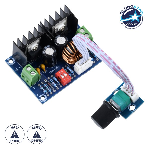 GloboStar® 73115 Ρυθμιστής Τάσης - Voltage Regulator DC Converter Module - Input DC4-40V / Output DC1.25-36V Max Load 8A με Καλώδιο Προέκτασης Ποτενσιόμετρου Μ6 x Π4.5 x Υ2.5cm