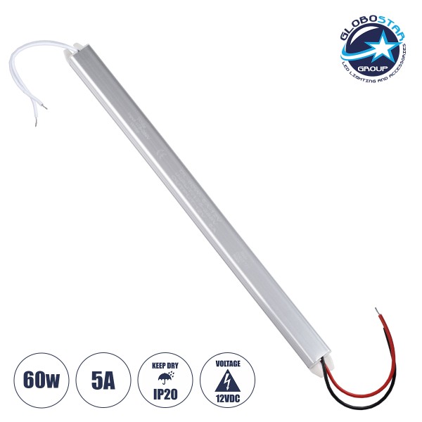 GLOBOSTAR® LUMISLIM 73024 Τροφοδοτικό/Μετασχηματιστής PELV 60W 5A DC 12V IP20 - AC 220-240V σε DC 12V - Μ31 x Π1.8 x Υ1.8cm - 3 Χρόνια Εγγύηση