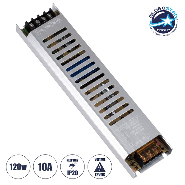 GloboStar® 73026 Μεταλλικό Τροφοδοτικό PELV Ultra Slim για Προϊόντα LED 120W 10A - AC 220-240V σε DC 12V - IP20 L22.5 x W5.4 x H2.1cm - 3 Χρόνια Εγγύηση