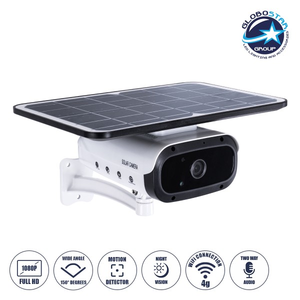 GloboStar® 86048 Αυτόνομη Ηλιακή Camera 1080P 2MP 4G SIM CARD WiFi 150° Μπαταρία 3200mAh Φωτοβολταϊκό Πάνελ Διπλή Κατέυθυνση Ομιλίας Αδιάβροχη IP66 Ψυχρό Λευκό 6000K - Λευκό
