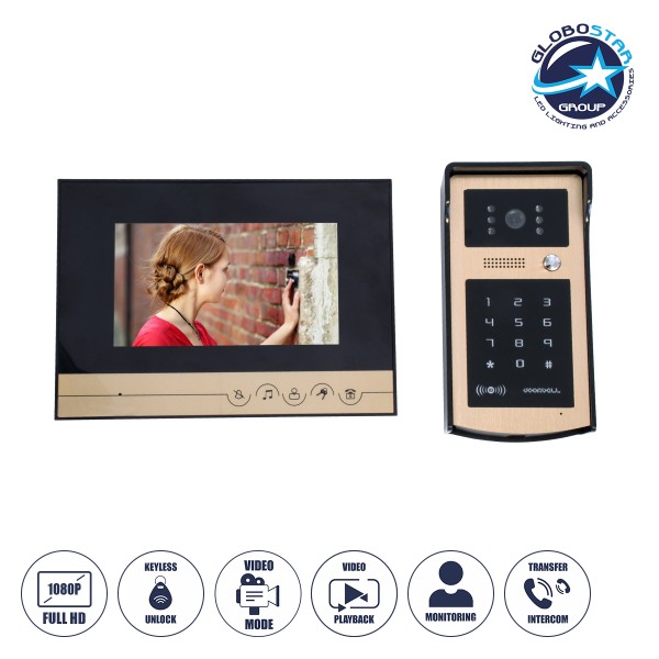 GloboStar® 86059 Σετ Θυροτηλεόρασης με Έγχρωμη Οθόνη Αφής 7" και Κάμερα 1080P HD & 4 Επαγωγικά Κλειδιά για Ηλεκτρονικές Κλειδαριές - Μαύρο - Χρυσό