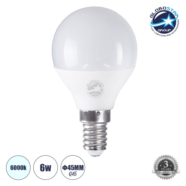GloboStar® 60015 Λάμπα LED E14 G45 Γλομπάκι 6W 600lm 260° AC 220-240V IP20 Φ4.5 x Υ7.8cm Ψυχρό Λευκό 6000K - 3 Years Warranty