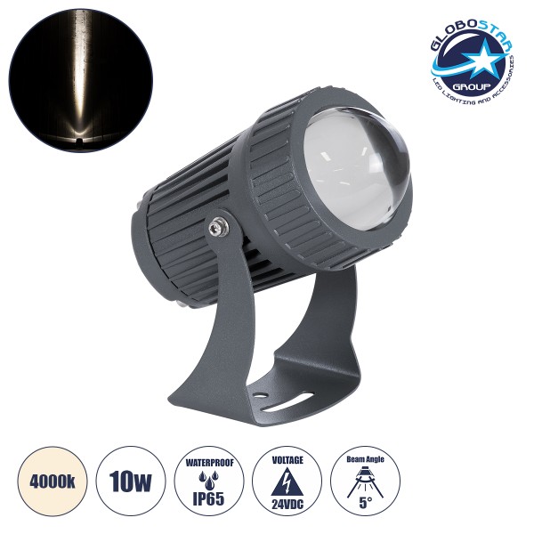 GLOBOSTAR® SPOTFENIA 90134 Αρχιτεκτονικό Σποτ Φωτισμου LED 10W 1150lm 5° DC 24V Αδιάβροχο IP65 Φυσικό Λευκό 4500K Dimmable  - Bridgelux COB Chip - Γκρι Ανθρακί - Μ7 x Π7 x Υ12cm - 3 Χρόνια Εγγύηση