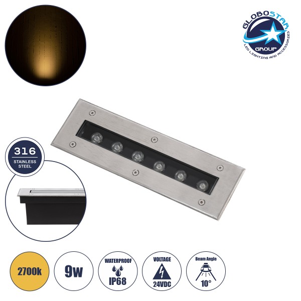 GLOBOSTAR® UNDERGROUNDREMVI 90190 Χωνευτή Μπάρα Φωτισμού Wall Washer LED 9W 990lm 10° DC 24V Αδιάβροχο IP68 Θερμό Λευκό 2700K Dimmable - Bridgelux SMD Chip - Ανοξείδωτο Ατσάλι SS316 - Μ30 x Π9 x Υ8.5cm / Q28.5 x 7.5cm - 3 Χρόνια Εγγύηση