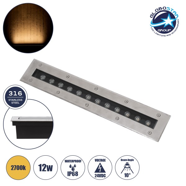 GLOBOSTAR® UNDERGROUNDREMVI 90192 Χωνευτή Μπάρα Φωτισμού Wall Washer LED 12W 1320lm 10° DC 24V Αδιάβροχο IP68 Θερμό Λευκό 2700K Dimmable - Bridgelux SMD Chip - Ανοξείδωτο Ατσάλι SS316 - Μ50 x Π7.4 x Υ7cm / Q48.5 x 7.5cm - 3 Χρόνια Εγγύηση