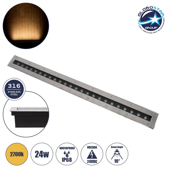 GLOBOSTAR® UNDERGROUNDREMVI 90194 Χωνευτή Μπάρα Φωτισμού Wall Washer LED 24W 2640lm 10° DC 24V Αδιάβροχο IP68 Θερμό Λευκό 2700K Dimmable - Bridgelux SMD Chip - Ανοξείδωτο Ατσάλι SS316 - Μ100 x Π9 x Υ7.2cm / Q98.2 x 7.6cm - 3 Χρόνια Εγγύηση