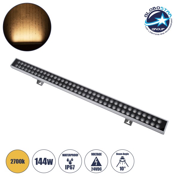 GLOBOSTAR® WASHER-GAIA 90215 Μπάρα Φωτισμού Wall Washer LED 144W 12960lm 10° DC 24V Αδιάβροχο IP67 Θερμό Λευκό 2700K Dimmable - Ασημί - Μ100 x Π7.3 x Υ4.3cm - 3 Χρόνια Εγγύηση