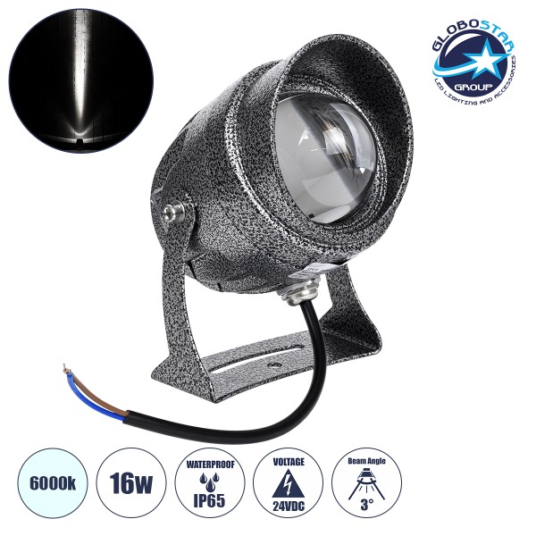 GloboStar® SPOT-XENIA 90509 Σποτ Φωτισμου Wall Washer LED 16W 1600lm 3° DC 24V Αδιάβροχο IP65 Φ9 x Υ12cm Ψυχρό Λευκό 6000K Dimmable - Σφυρήλατο Γκρι - 3 Years Warranty