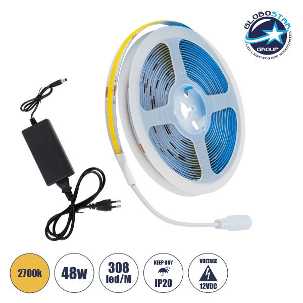 GLOBOSTAR® CHROMAWAVE 70415 Σετ Ταινίας με Τροφοδοτικό LED 48W/5m 3840lm/5m 120° AC 220-240V IP20 1540 x COB Chip/5m Θερμό Λευκό 2700K - Μ500 x Π1 x Υ0.2cm - Ρολό 5 Μέτρων - 2 Χρόνια Εγγύηση