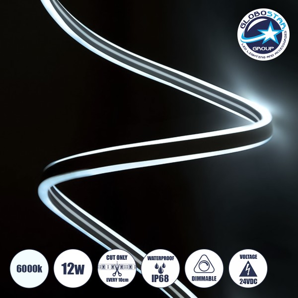 GLOBOSTAR® DOUBLESIDED 70480 Ταινία Neon Flex LED 12W/m 1080lm/m 240° DC 24V Αδιάβροχο IP65 120 x SMD2835 Chip/m Ψυχρό Λευκό 6000K Dimmable - Sanan SMD Chip - Μ100 x Π0.8 x Υ1.6cm - 3 Χρόνια Εγγύηση