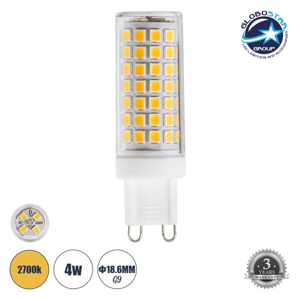 GLOBOSTAR® G9PRO 60392 Λάμπα G9 LED 4W 544lm 360° AC 220-240V IP20 Θερμό Λευκό 2700K Dimmable - Lumileds SMD Chip - Μ1.9 x Π1.9 x Υ6.3cm - 3 Χρόνια Εγγύηση