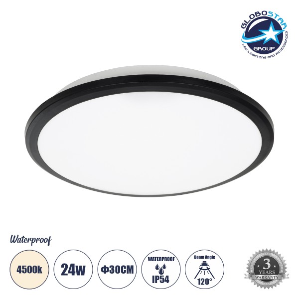 GLOBOSTAR® TUFFIN 60997 Φωτιστικό Πλαφονιέρα Οροφής LED 24W 2280lm 120° AC 220-240V Αδιάβροχο IP54 Φυσικό Λευκό 4500K - Lumileds SMD Chip - Μαύρο Ματ & Λευκό Γαλακτερό - Μ30 x Π30 x Υ6.5cm - 3 Χρόνια Εγγύηση