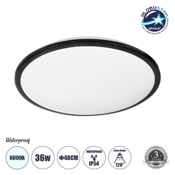 GLOBOSTAR® TUFFIN 60998 Φωτιστικό Πλαφονιέρα Οροφής LED 36W 3600lm 120° AC 220-240V Αδιάβροχο IP54 Ψυχρό Λευκό 6000K - Lumileds SMD Chip - Μαύρο Ματ & Λευκό Γαλακτερό - Μ48 x Π48 x Υ6.5cm - 3 Χρόνια Εγγύηση