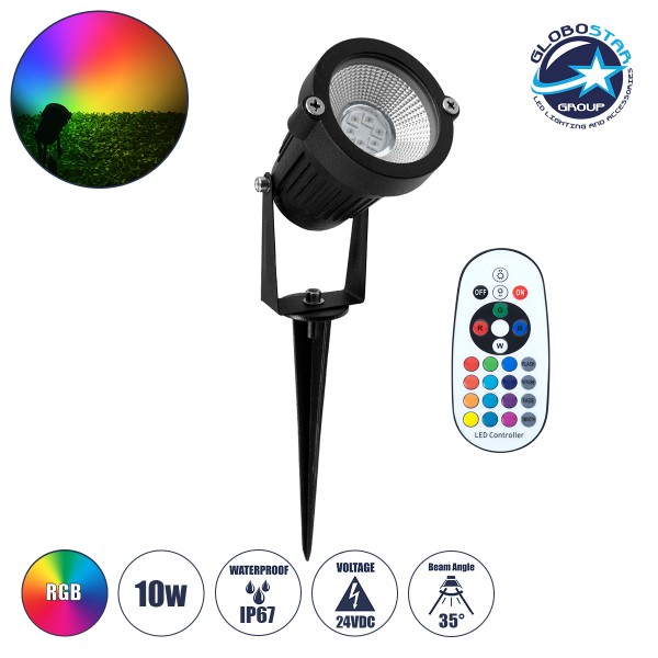 GLOBOSTAR® TREECOBO 75588 Φωτιστικό Σποτ για Φυτά - Δέντρα με Βάση Κήπου / Καρφωτό με IR Ασύρματο Χειριστήριο LED 10W 800lm 35° DC 24V Αδιάβροχο IP67 Πολύχρωμο RGB Dimmable - Epistar SMD Chip - Μαύρο - Μ6 x Π6 x Υ12.5cm - 2 Χρόνια Εγγύηση
