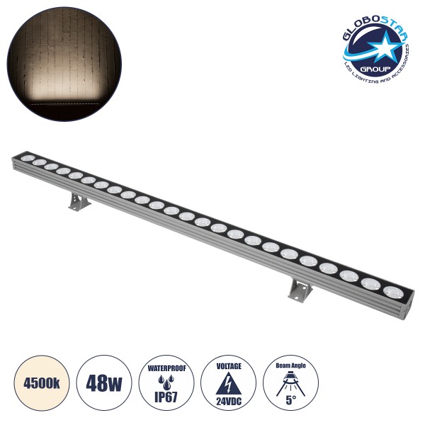 GLOBOSTAR® WASHER-JAVIA 90556 Μπάρα Φωτισμού Wall Washer LED 48W 4320lm 5° DC 24V Αδιάβροχο IP67 Φυσικό Λευκό 4500K Dimmable - Γκρι Ανθρακί - Μ100 x Π5.2 x Υ3.6cm - 3 Χρόνια Εγγύηση