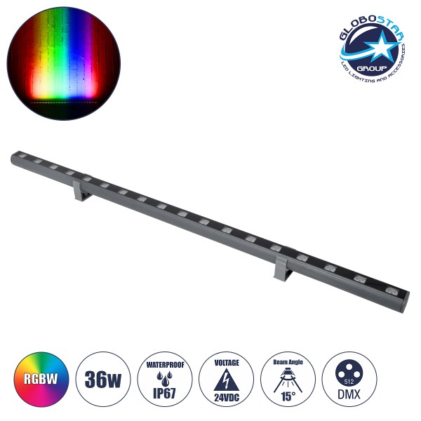 GLOBOSTAR® WASHERPANDA 90585 Μπάρα Φωτισμού Wall Washer LED 36W 3060lm 15° DC 24V Αδιάβροχο IP65 Πολύχρωμο RGBW Dimmable DMX512 - Bridgelux SMD Chip - Γκρι Ανθρακί Ματ - Μ100 x Π4 x Υ3.5cm - 3 Χρόνια Εγγύηση