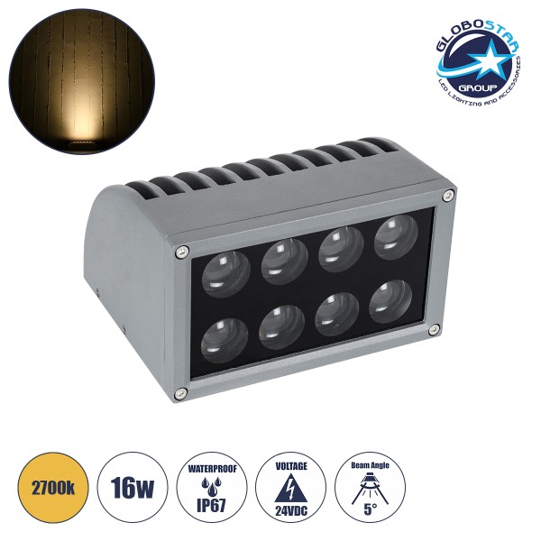 GloboStar® FLOOD-DENA 90485 Επιτοίχιος Προβολέας Wall Washer για Φωτισμό Κτιρίων - Απλίκα & Δαπέδου LED 16W 1440lm 5° DC 24V Αδιάβροχο IP67 Μ15.5 x Π13 x Υ9.1cm Θερμό Λευκό 2700K - Γκρι Ανθρακί - 3 Years Warranty