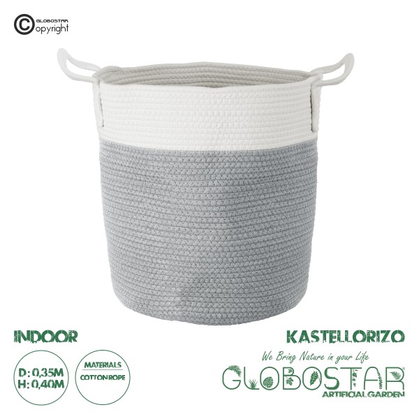 GloboStar® Artificial Garden KASTELLORIZO 20198 Διακοσμητικό Πλεκτό Καλάθι - Κασπώ Γλάστρα - Flower Pot  Γκρι με Λευκό Π35cm x Υ40cm