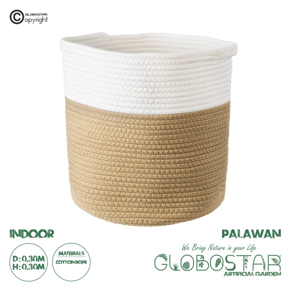 GloboStar® Artificial Garden PALAWAN 20202 Διακοσμητικό Πλεκτό Καλάθι - Κασπώ Γλάστρα - Flower Pot  Μπεζ με Λευκό Π30cm x Υ30cm 