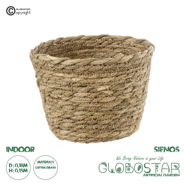 GloboStar® Artificial Garden SIFNOS 20266 Διακοσμητικό Πλεκτό Καλάθι - Κασπώ Γλάστρα - Flower Pot Μπεζ Φ18cm x Υ15cm 