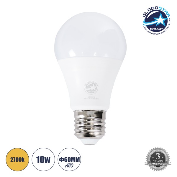 GloboStar® 60047 Λάμπα LED E27 A60 Γλόμπος 10W 940lm 260° AC 220-240V IP20 Φ6 x Υ11cm Θερμό Λευκό 2700K Dimmable - 3 Years Warranty