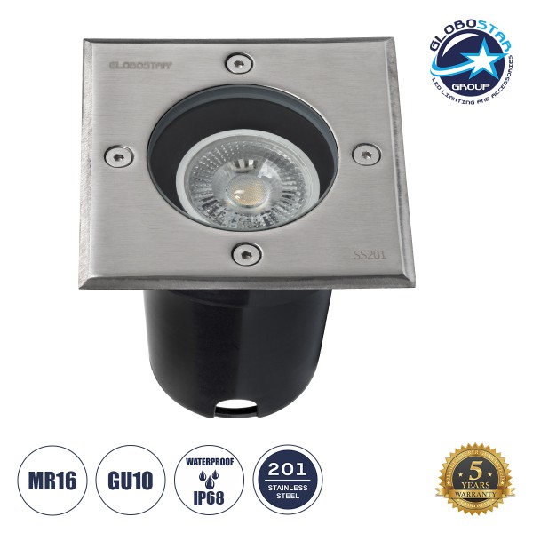 GLOBOSTAR® GIGO 60362 Χωνευτό Φωτιστικό Δαπέδου Σποτ για Λάμπα MR16 με Ντουί 1 x GU10 AC 220-240V Αδιάβροχο IP68 IK09 - Ανοξείδωτο Ατσάλι SS201 - Μ11 x Π11 x Υ11.5cm / Q10.4 X 10.4cm