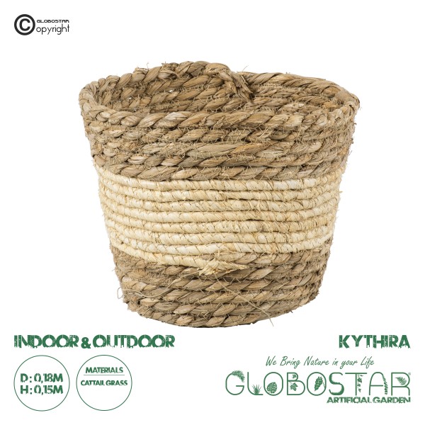 GloboStar® Artificial Garden KYTHIRA 20272 Διακοσμητικό Πλεκτό Καλάθι - Κασπώ Γλάστρα - Flower Pot Μπεζ με Λευκό Φ18cm x Υ15cm 