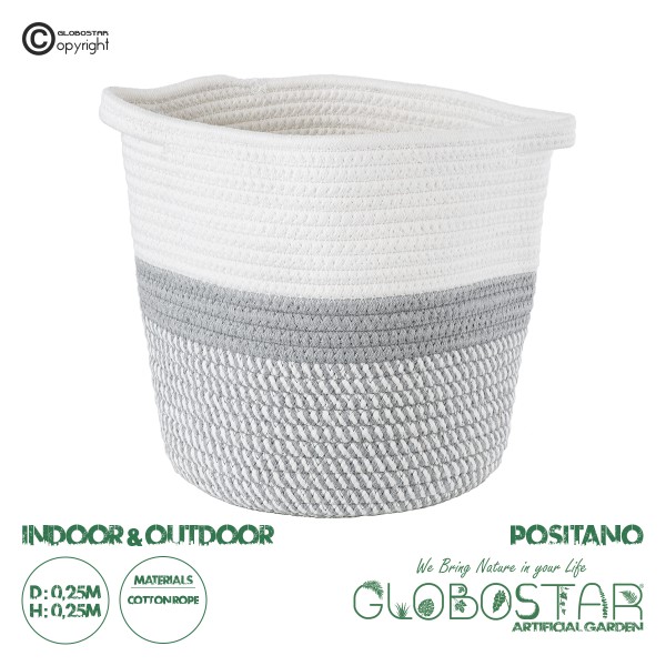 GloboStar® Artificial Garden POSITANO 20319 Διακοσμητικό Πλεκτό Καλάθι - Κασπώ Γλάστρα - Flower Pot Γκρι με Λευκό Φ25cm x Υ25cm